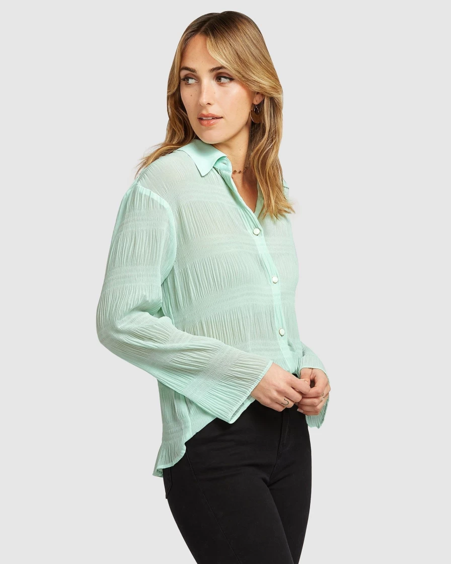Belle & Bloom Women's Mint Green Chiffon Shirred Blouse - Final Sale