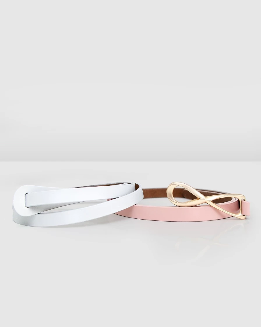 Belle & Bloom Women's 2-Pack Leather Tie Belts in Pink & White - Stylish Adjustable Waist Cincher