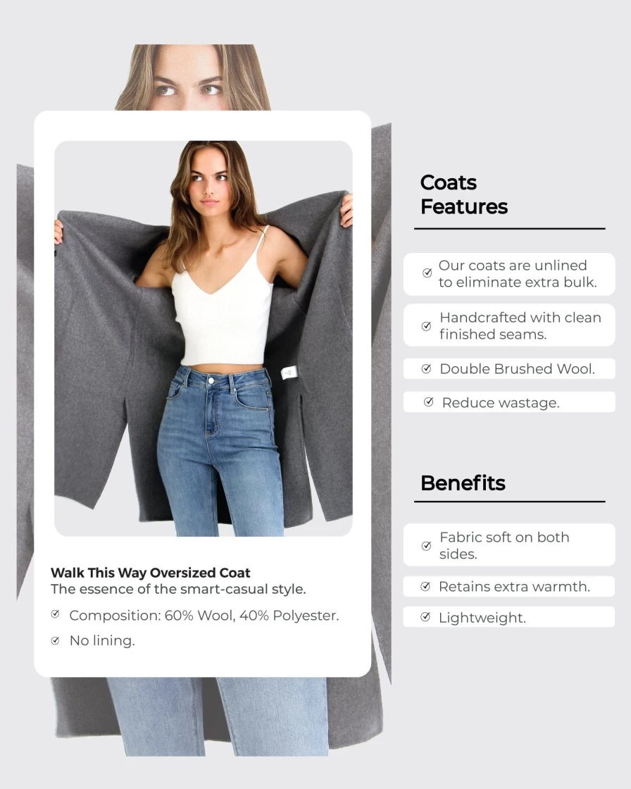 Belle & Bloom Women's Grey Wool Blend Oversized Coat - Walk This Way Style
