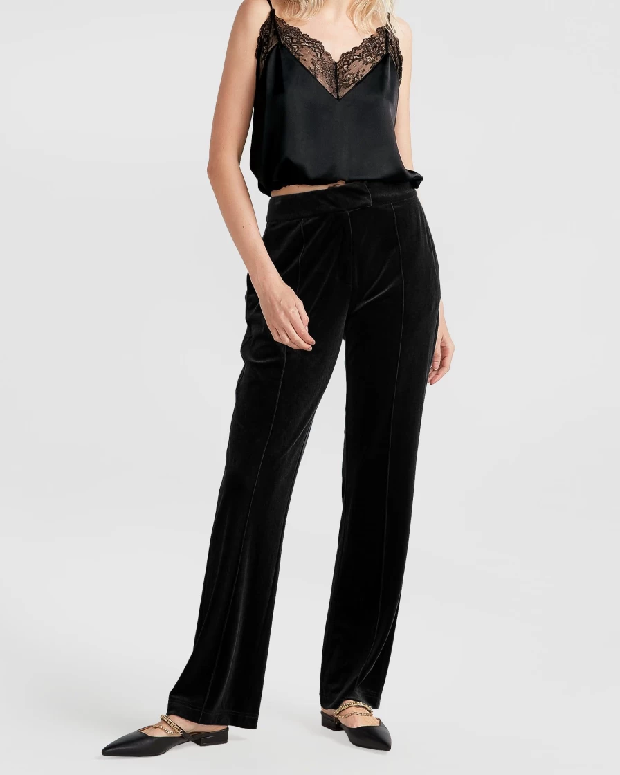 Belle & Bloom Women's Reverie Velvet Pants - Luxurious High-Waisted Black Trousers for Elegant Comfort
