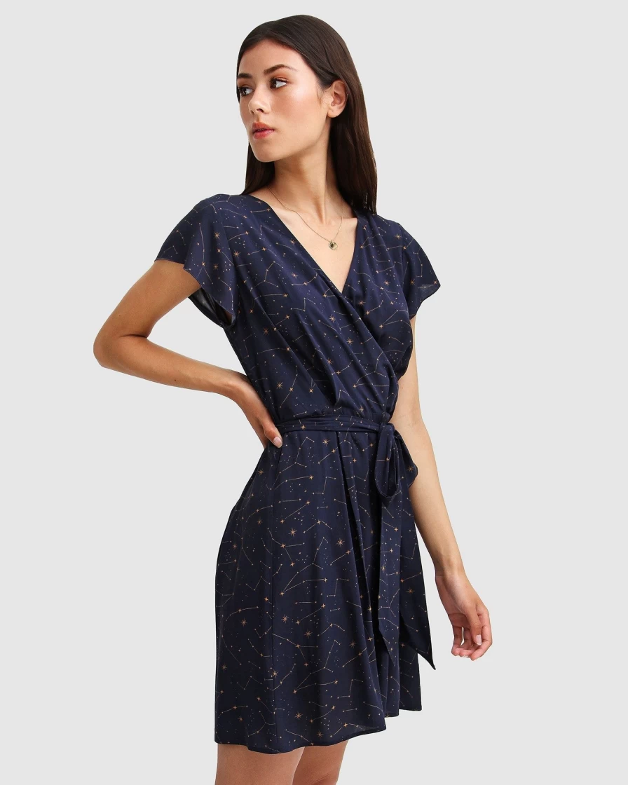 Belle & Bloom Women's Navy I'M The Star Wrap Dress - Elegant Floral Print Summer Dress