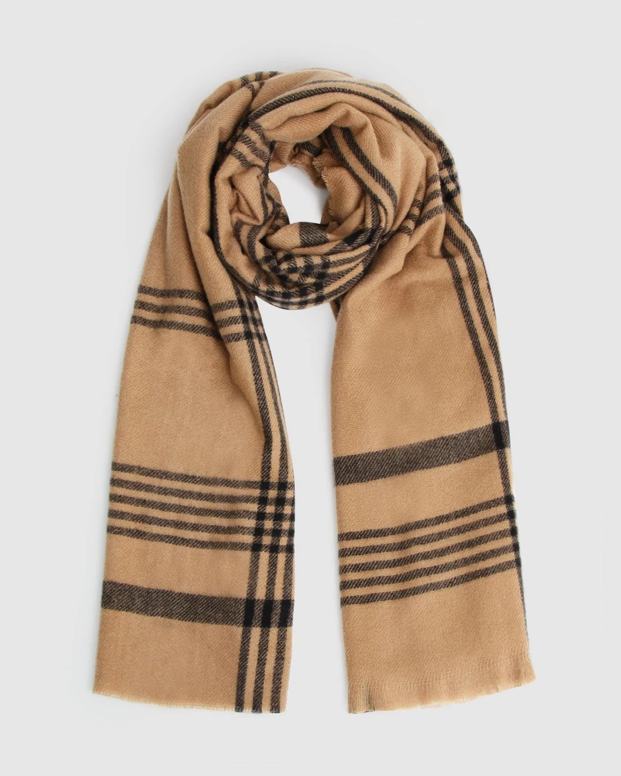 Belle & Bloom Women's Camel Panorama Check Scarf - Soft Wool Winter Wrap