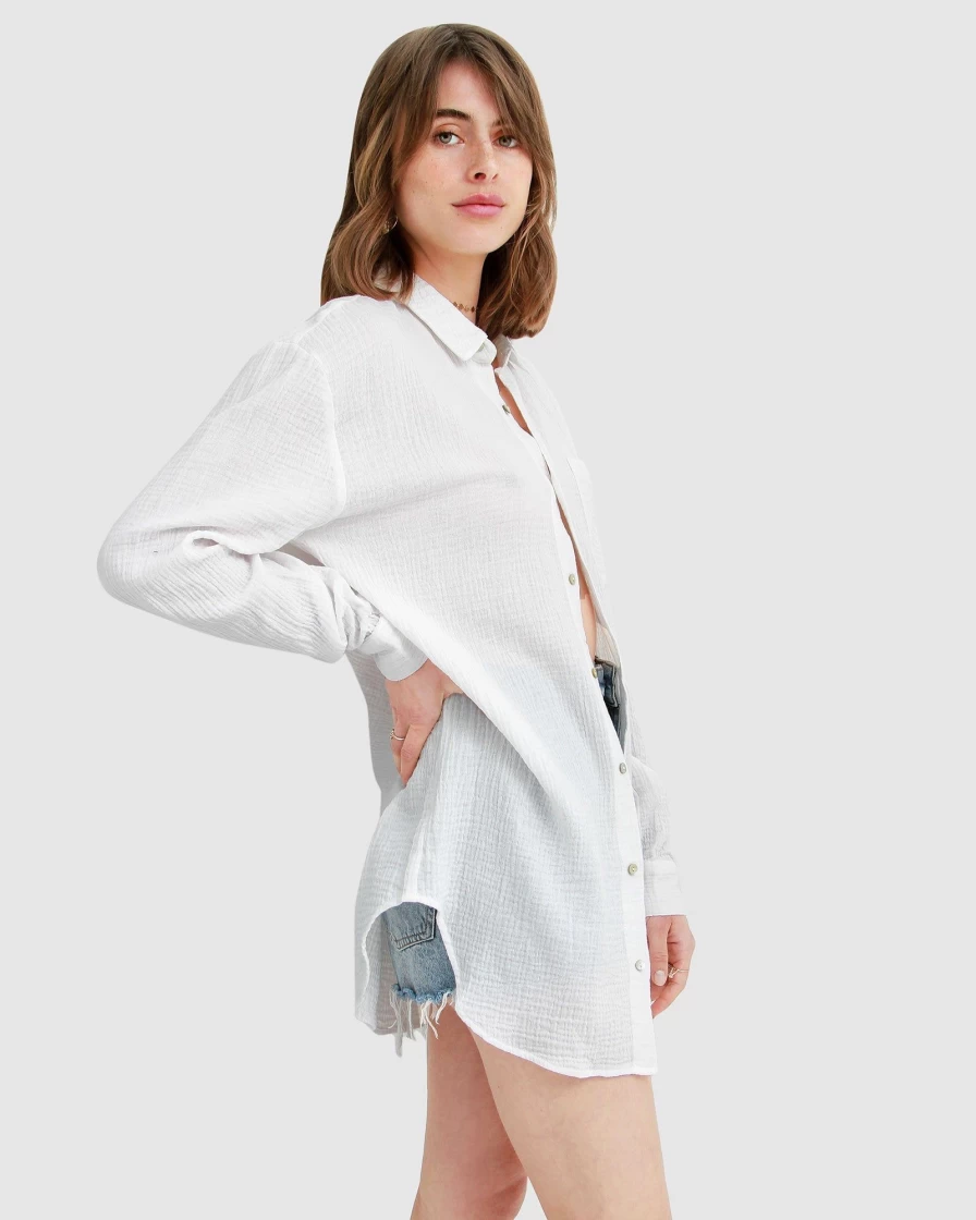 Belle & Bloom Women's South Coast Oversized Shirt in White - Relaxed Fit Long Sleeve Top