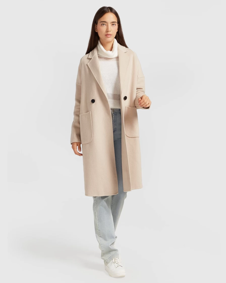 Belle & Bloom Women's Double-Breasted Wool Blend Coat in Sand - Classic Winter Outerwear