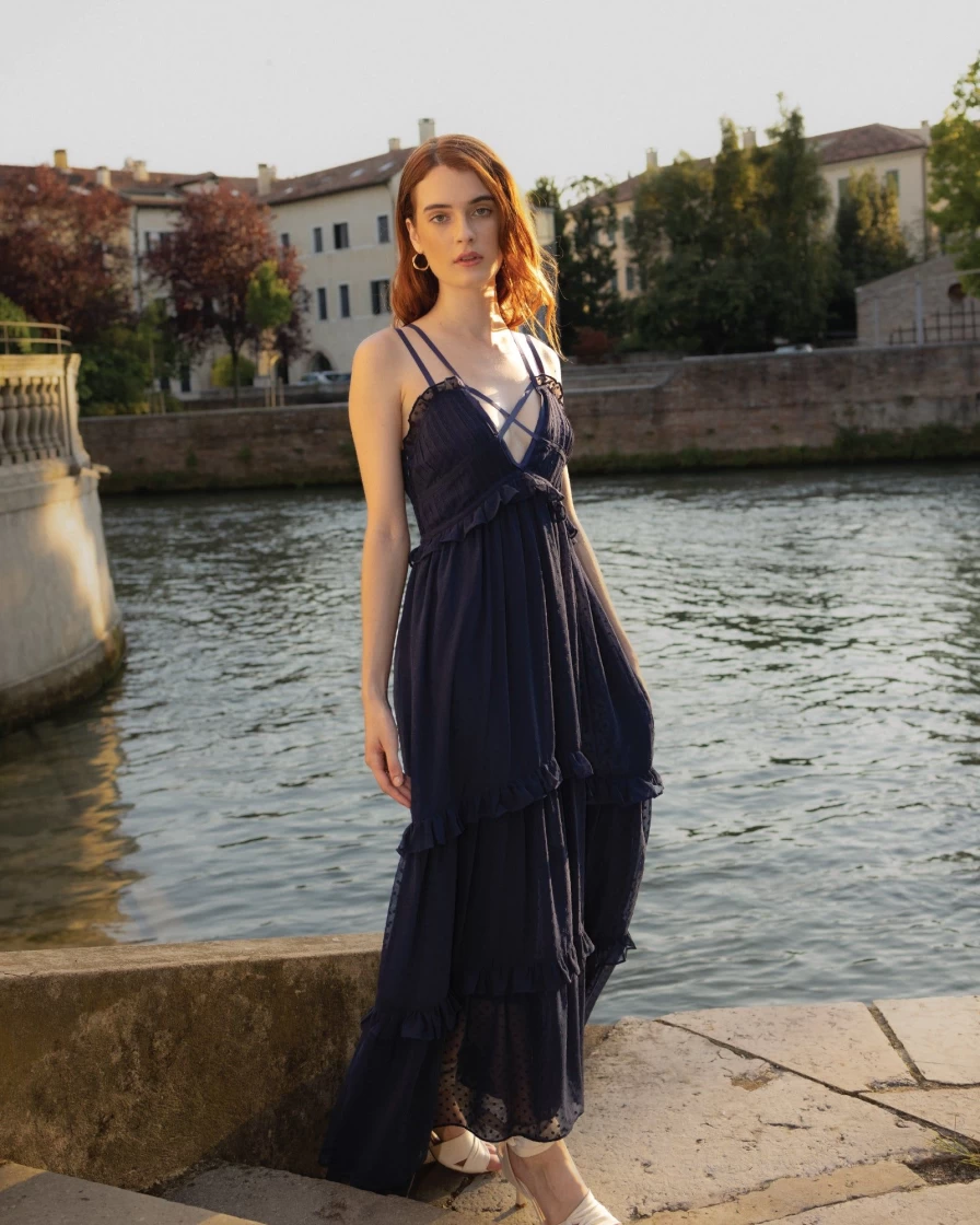 Belle & Bloom Women's Navy As It Was Tiered Midi Dress - Flowy Summer Casual Elegant Style