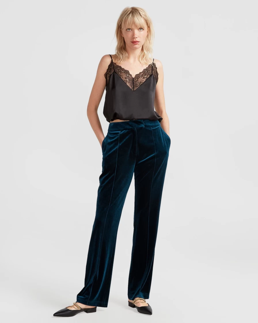 Belle & Bloom Women's Reverie Velvet Pants in Dark Teal - Luxurious High-Waisted Lounge & Evening Trousers
