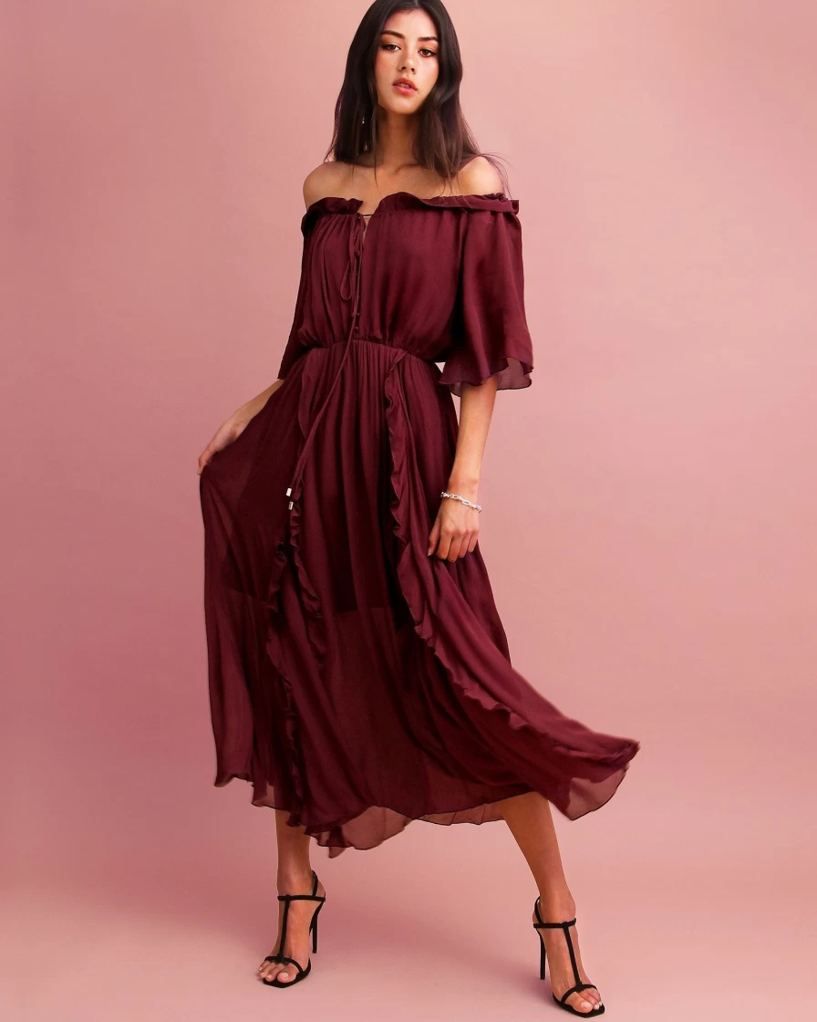 Belle & Bloom Women's Burgundy Amour Amour Ruffled Midi Dress - Elegant Floral Design