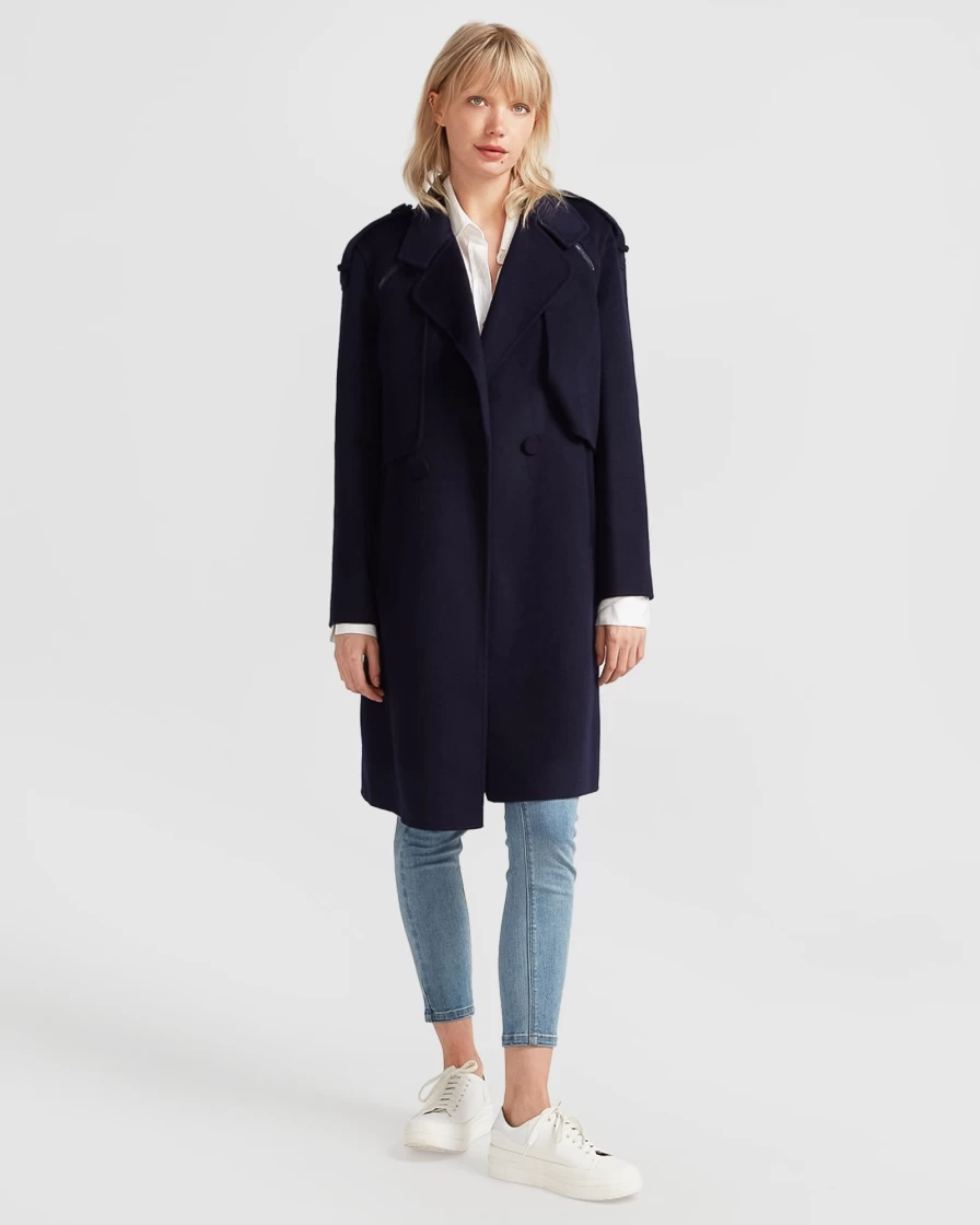 Belle & Bloom Women's French Navy Plaid Wool Blend Oversized Coat - Walk This Way Style