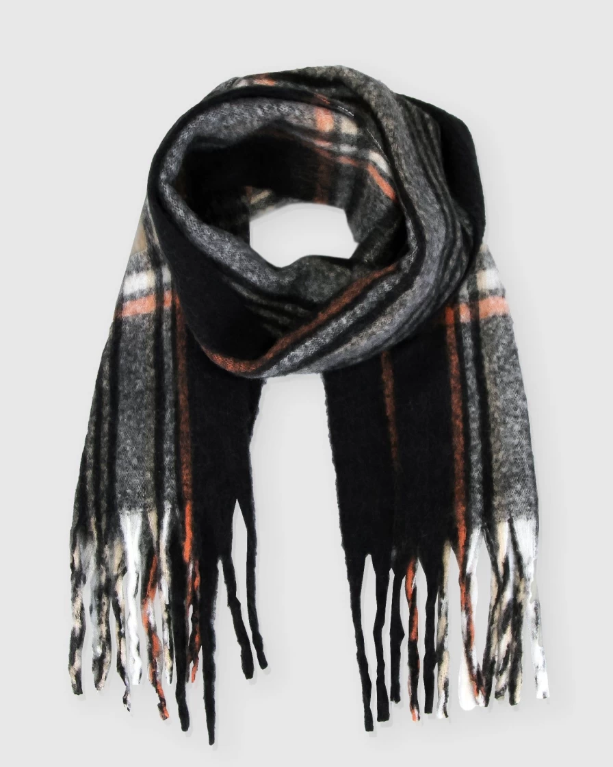 Belle & Bloom Women's Meridian Brushed Plaid Scarf - Soft Winter Wrap in Classic Black Checkered Pattern