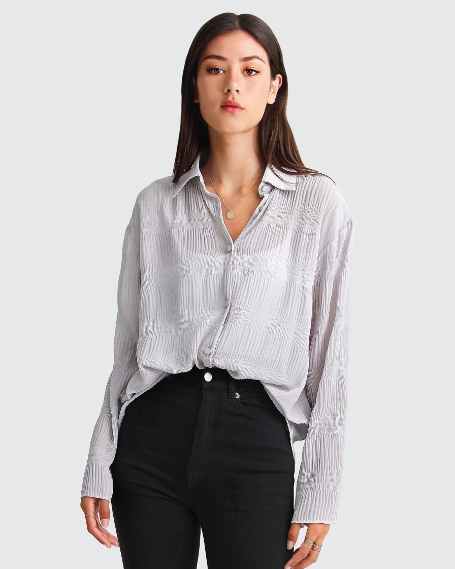 Belle & Bloom Women's Yoko Shirred Chiffon Blouse in Grey - Elegant Flowy Top