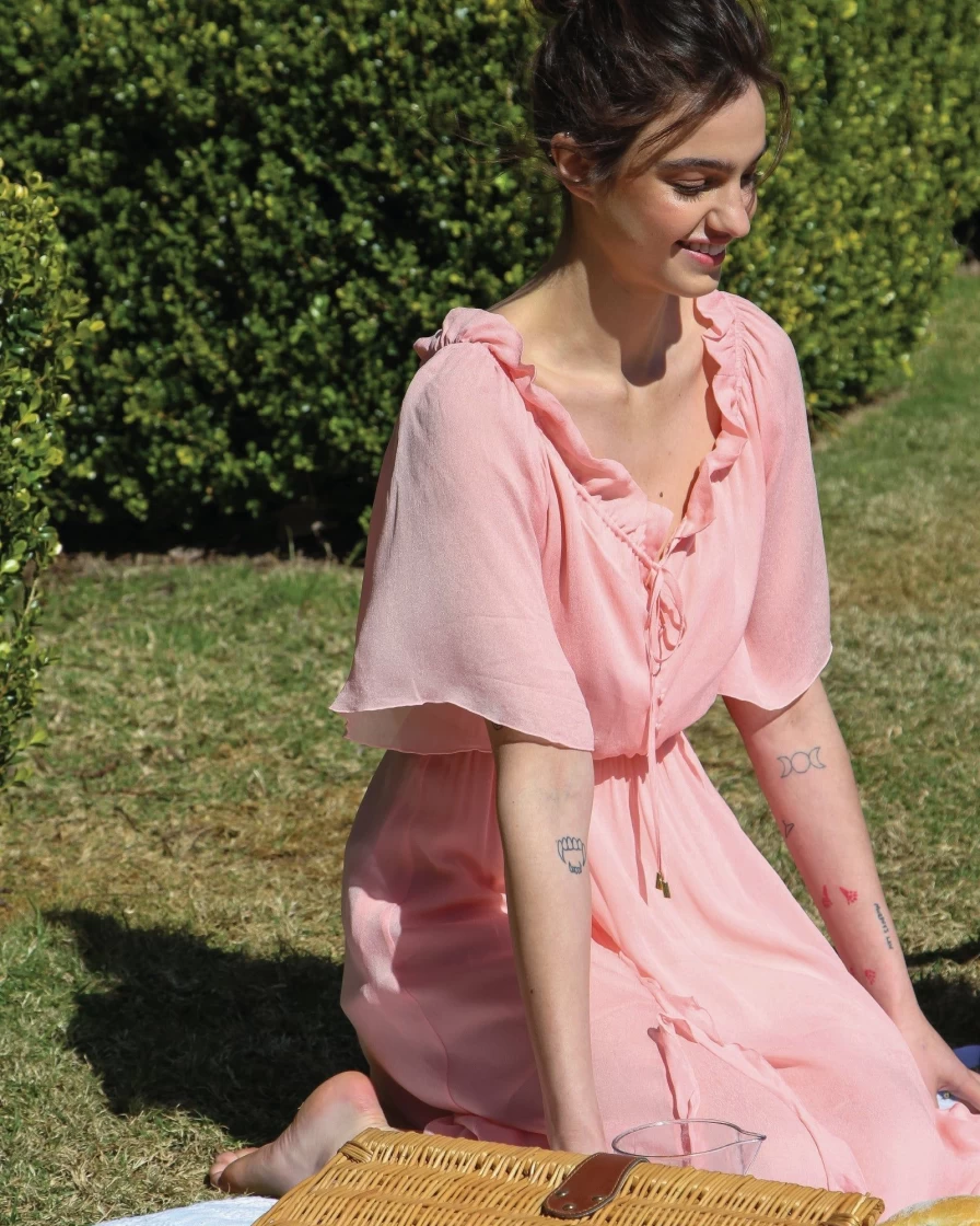 Belle & Bloom Women's Amour Amour Ruffled Midi Dress in Desert Rose - Floral Feminine Style Final Sale